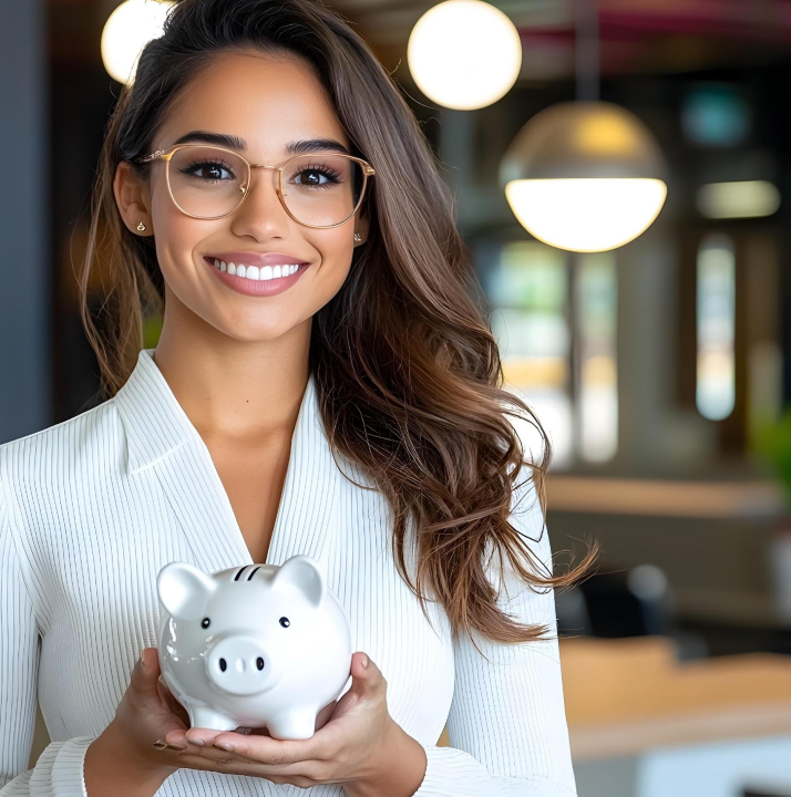 mujer joven con alcancia